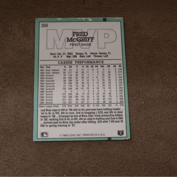 Fred McGriff #389 Baseball Card - Picture 2 of 2